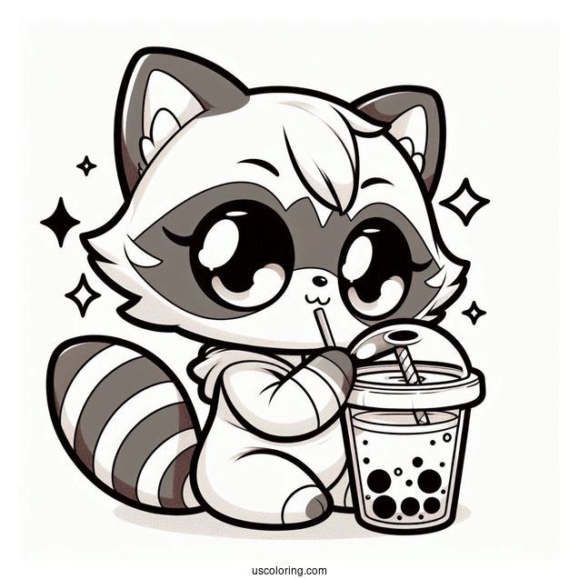 Chibi Raccoon Coloring Page Drinking Boba Tea For Kids