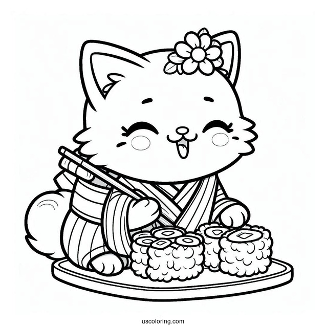 Happy Cat In A Yukata Eating Sushi Coloring Page For Kids