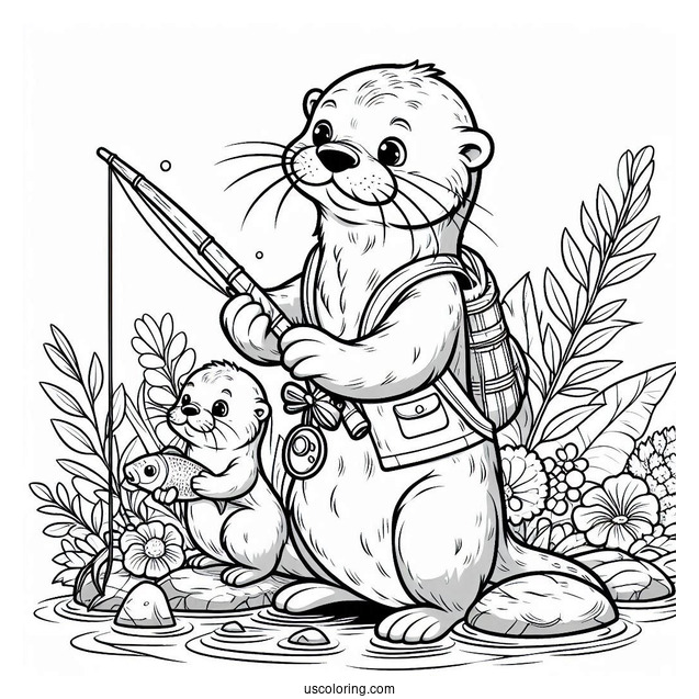 Daddy Otter Coloring Page With Fishing Rod And Baby Otter Carrying Fish