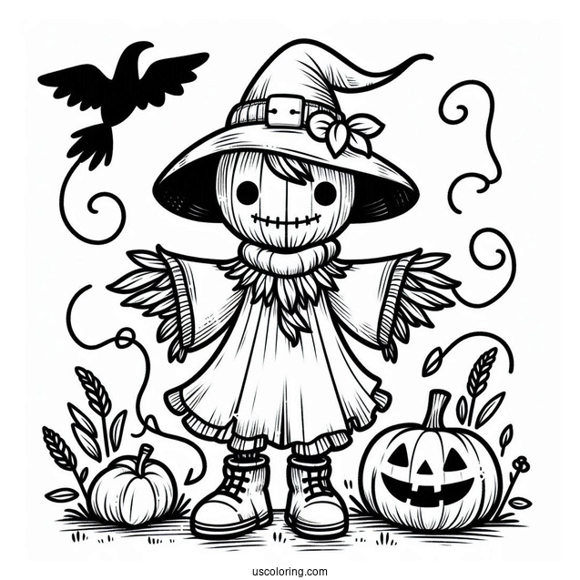 Halloween Scarecrow Coloring Page With A Long Cape