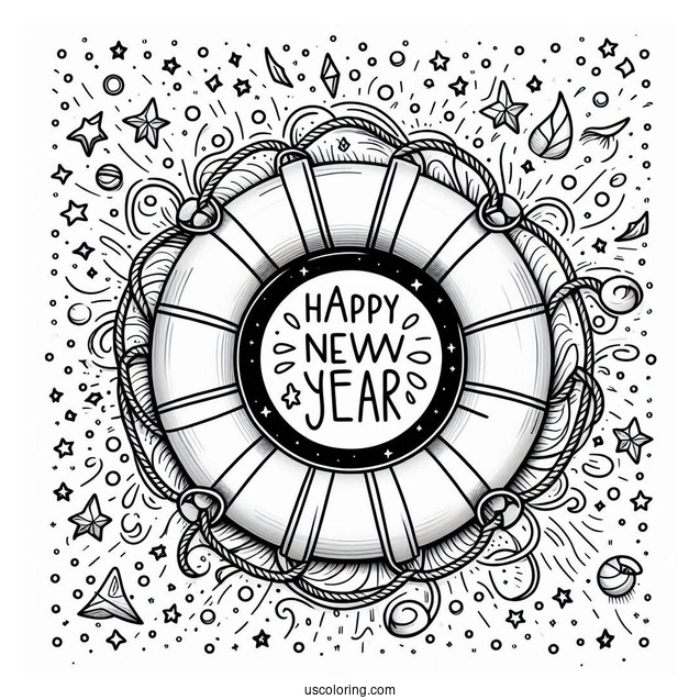 Life Buoy Ring With Happy New Year Coloring Page Of Words And Stars