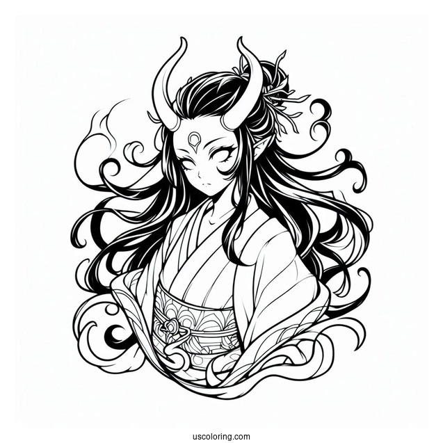 Demon Nezuko Coloring Page With Horn