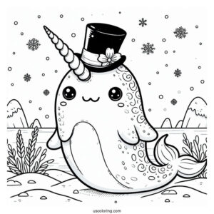 Narwhal Coloring Page With Top Hat Standing With Stitch In The Snow