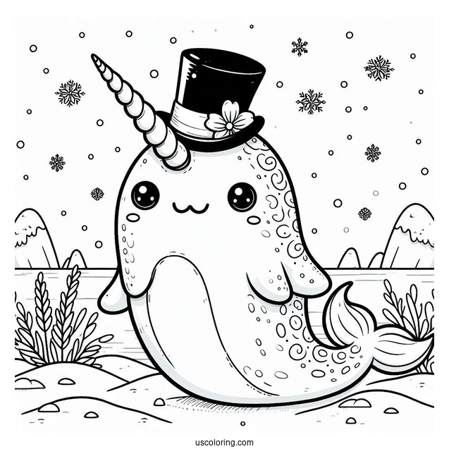 Narwhal Coloring Page With Top Hat Standing With Stitch In The Snow