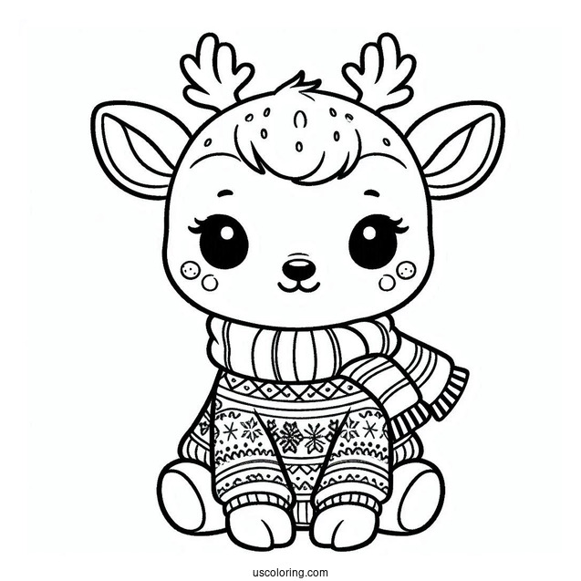 Baby Reindeer Wearing a Christmas Sweater To Color