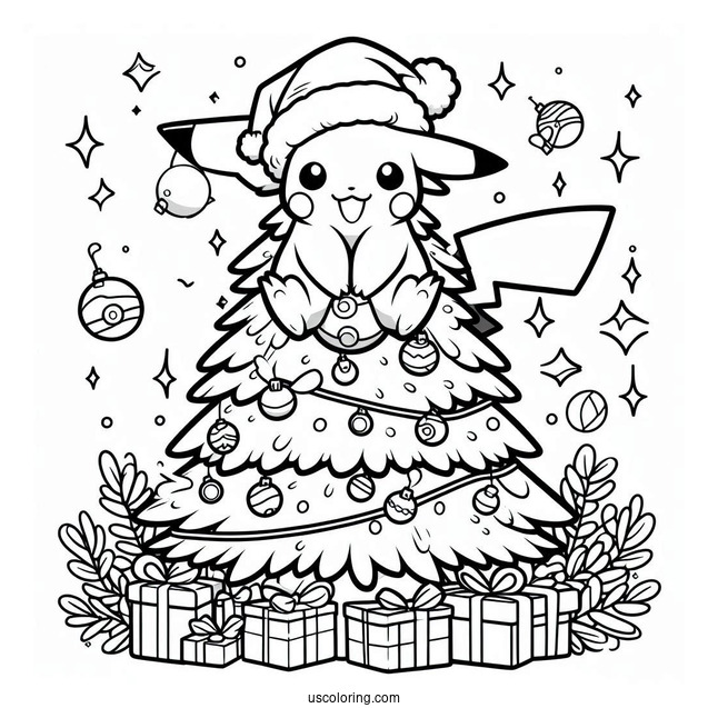 Pokemon Christmas Coloring Page Pikachu On Top Of A Christmas Tree With Pokemon Ornaments