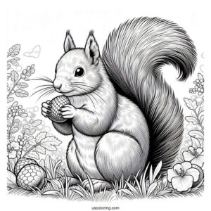 Realistic Squirrel Coloring Page Eating Nut On Field