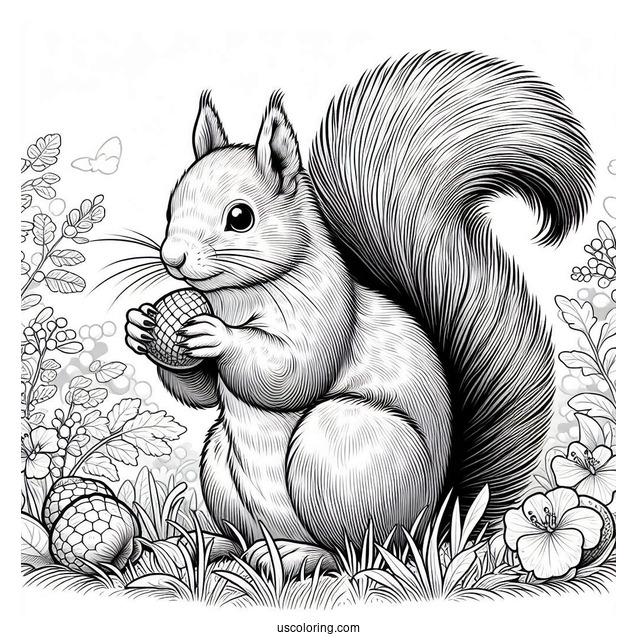 Realistic Squirrel Coloring Page Eating Nut On Field