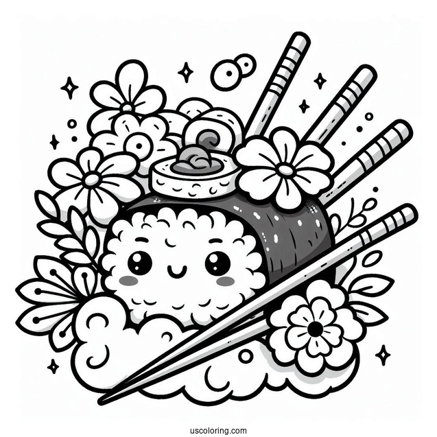 Adorable Cartoon Sushi Coloring Pages With Flowers And Chopsticks