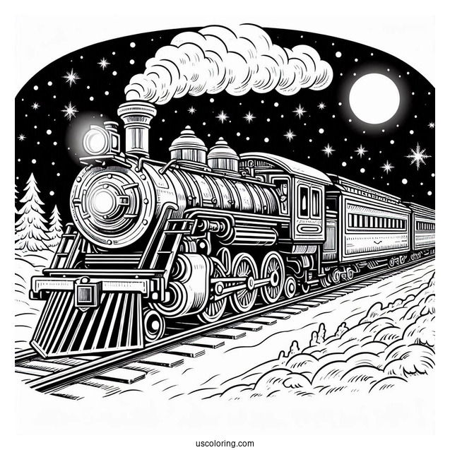 Detailed Polar Express Coloring Page Of Train In A Snowy Night