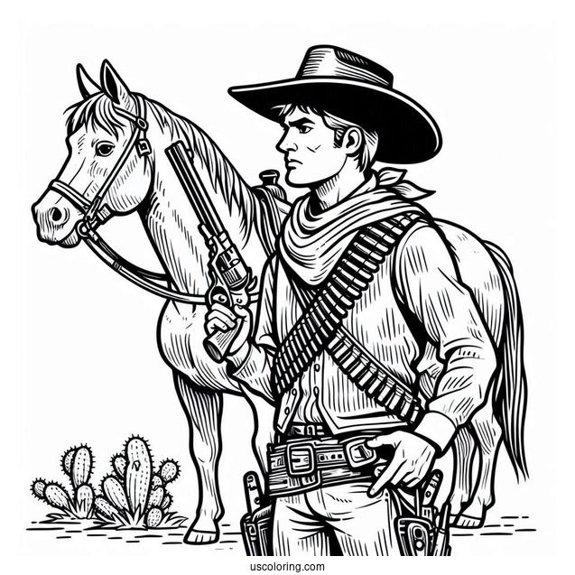 Cowboy Coloring Page With Guns Standing In Front Of Horse