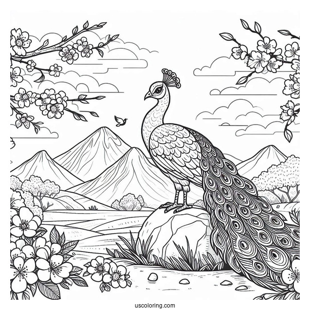 Peacock Coloring Page on Rock with Blossoms and Mountain Landscape
