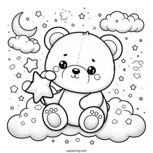 Cute Coloring Page Teddy Bear Holding A Star In The Clouds