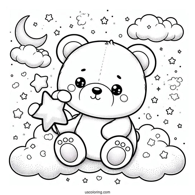 Cute Coloring Page Teddy Bear Holding A Star In The Clouds