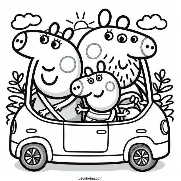 Peppa Pig Family Driving In Car Coloring Page