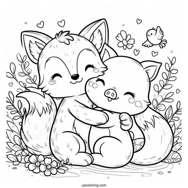 Cute Coloring Page Two Foxes Hugging A Pig