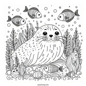 Simple Seal Coloring Page Surrounded By Fish