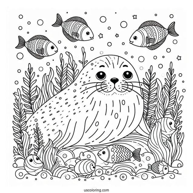 Simple Seal Coloring Page Surrounded By Fish
