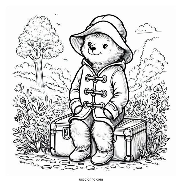 Simple Paddington Coloring Page Sitting On His Suitcase In The Park For Preschoolers