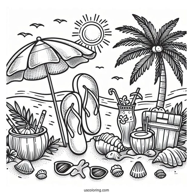Beach Flip Flops, Umbrella, Surfboard, Seashell, Palm Tree, Coconut Drink, Bucket, And Sun