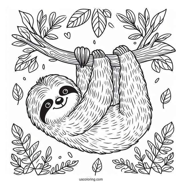 Cute Sloth Hanging From Tree To Color For Kids
