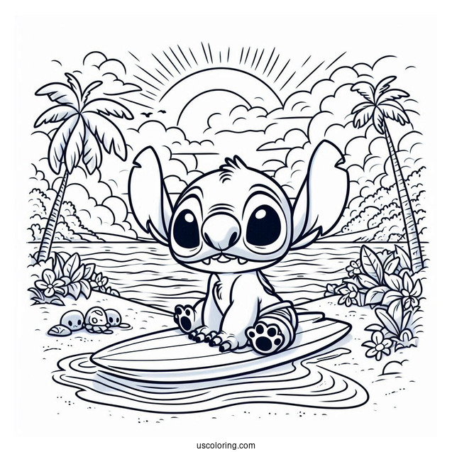 Lilo & Stitch Coloring Page Of David At The Beach With His Surfboard