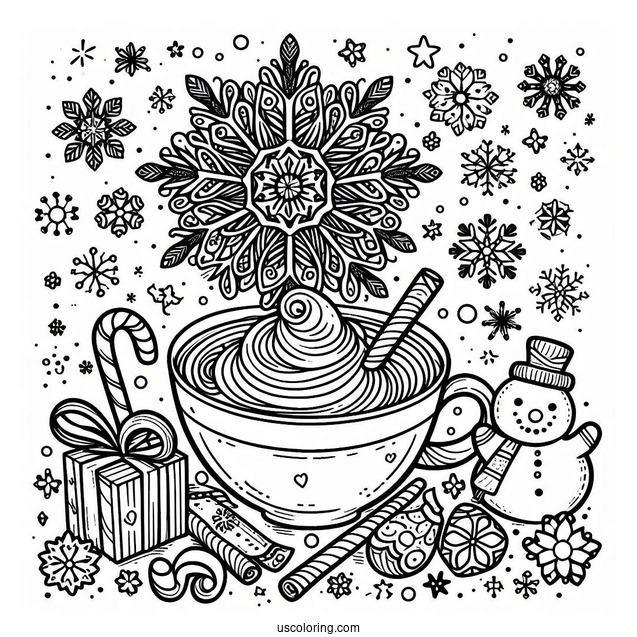 Snowflake Coloring Page With Hot Cocoa And Gingerbread Man