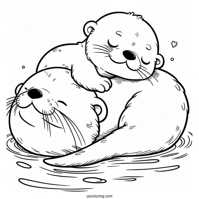 Baby Otter Coloring Page Sleeping On Top Of Mother Otter While Floating