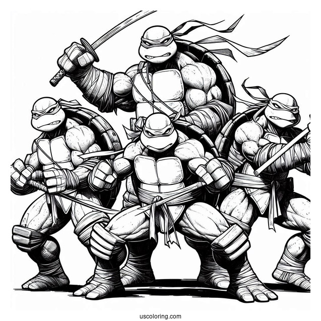 Ninja Turtles Coloring Page Of Leonardo, Donatello, Michelangelo, And Raphael In Fighting Mode