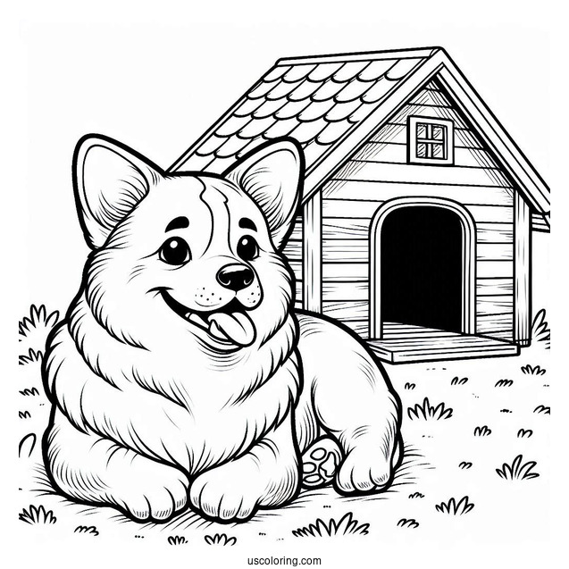 Smiling Corgi Coloring Page Lying Outside Dog House