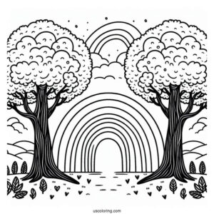 Rainbow Coloring Page Between Two Large Trees
