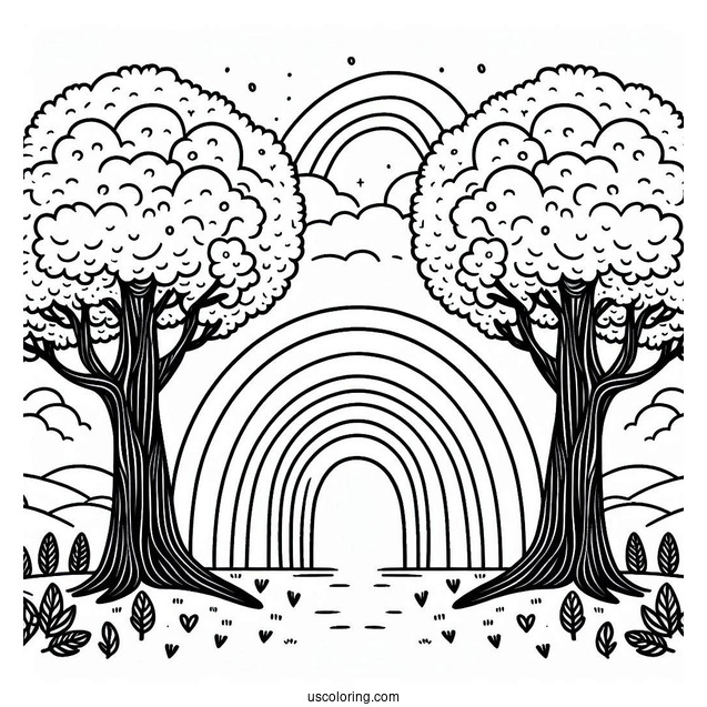 Rainbow Coloring Page Between Two Large Trees
