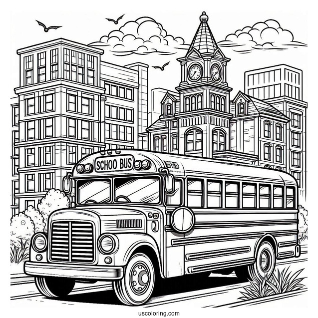 Classic School Bus Coloring Page in Front of A Building