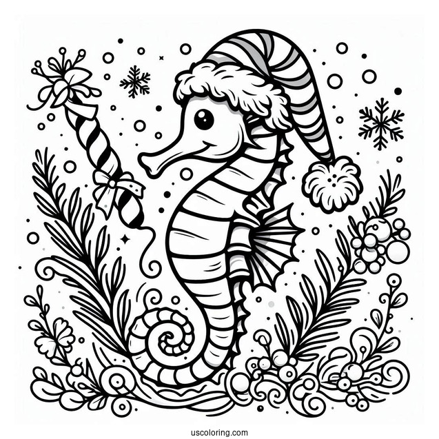 Christmas Themed Seahorse To Color