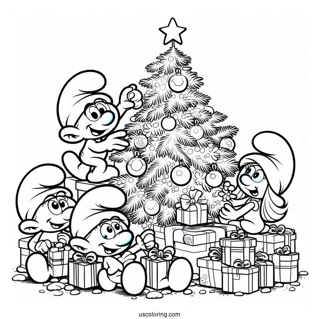 The Smurfs Decorating Christmas Tree Coloring Page