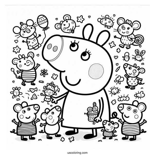 Peppa Pig And Many Mouse Coloring Page