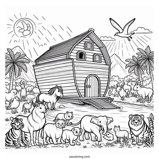 Noah's Ark Coloring Page Leading Animals Into The Ark