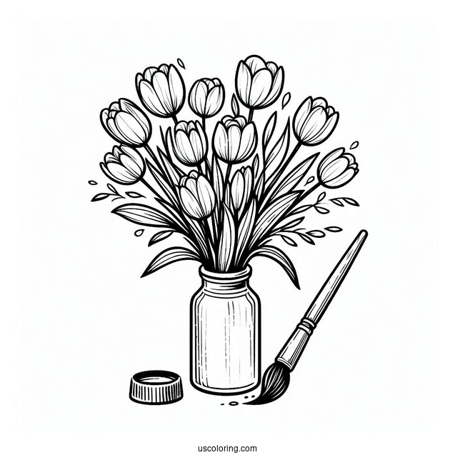 Flower Coloring Pages Of Tulips Bouquet On Paint Brush Handle Vase