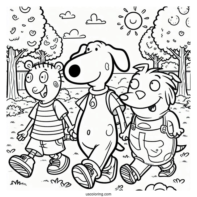 Nickelodeon Coloring Page Of Doug, Skeeter, And Porkchop Walking In Park
