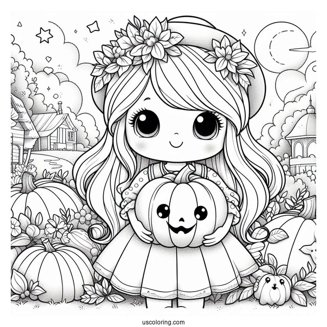 Precious Moments Coloring Page Of Girl Holding Pumpkin In Autumn