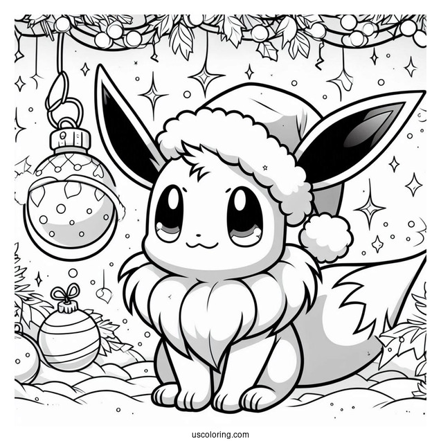 Pokemon Christmas Coloring Page Cute Eevee With Baubles In The Background Pokemon Christmas