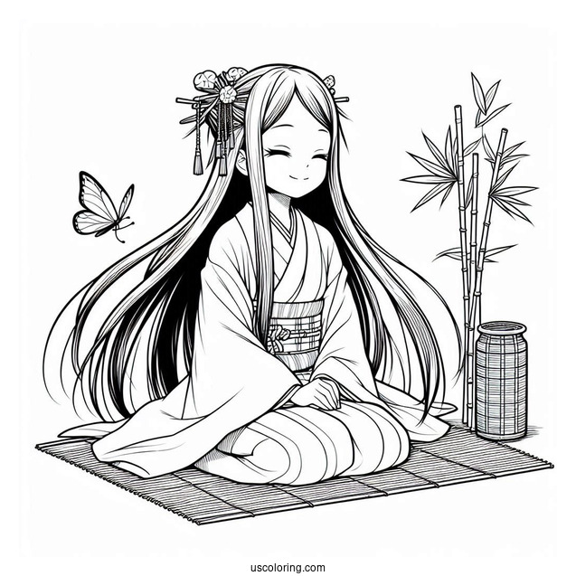 Detailed Nezuko Coloring Page With Bamboo