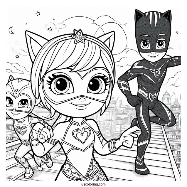 PJ Masks Coloring Page Of Luna Girl, Romeo, And Night Ninja On Rooftop At Night