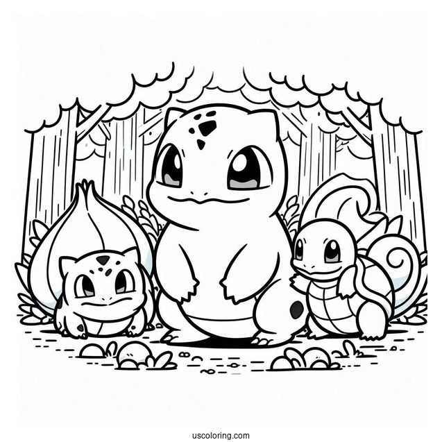Bulbasaur Coloring Page With Charmander And Squirtle In Forest