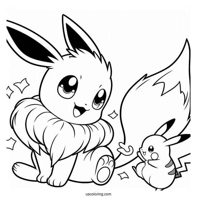 Coloring Sheet Of Eevee Playing With Pikachu