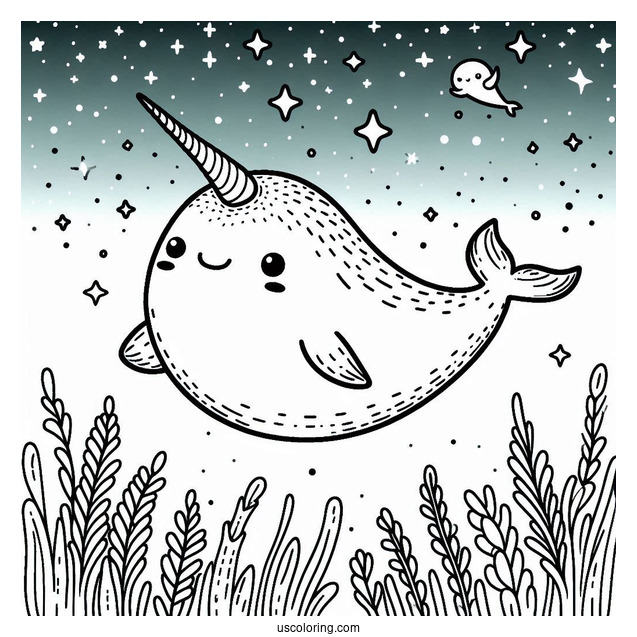 Cute Narwhal Coloring Page Flying In The Night Sky