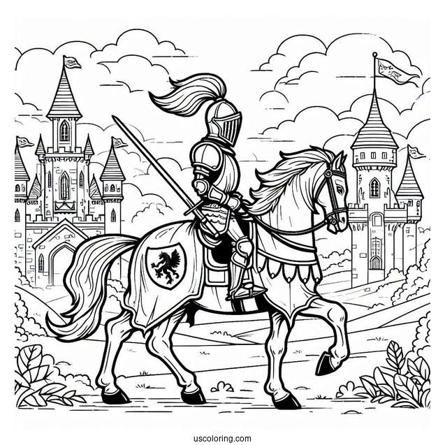 Knight On A Horse Leaving Castle Coloring Sheet