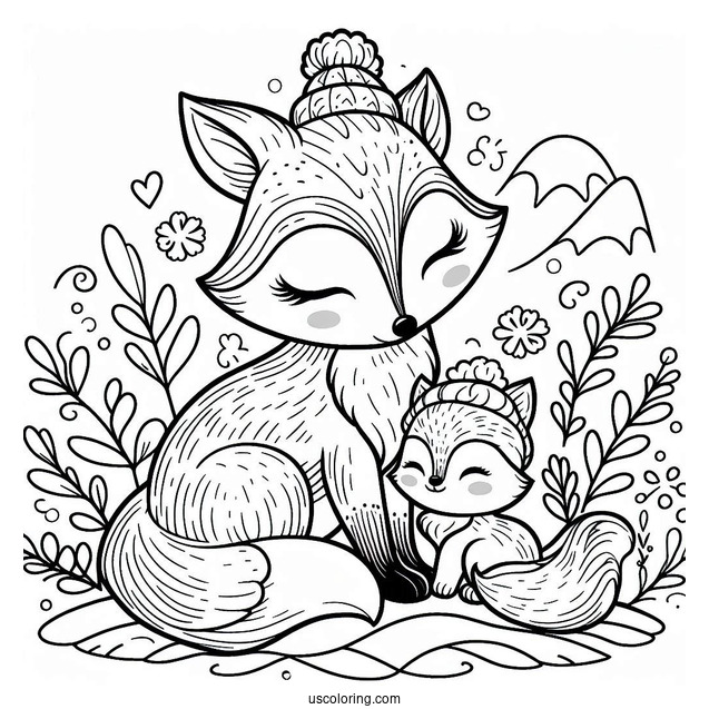 Mother Fox And Baby Fox In Winter Coloring Page For Kids