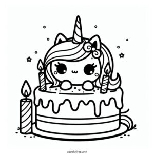 Kawaii Unicorn Cake With Candles Coloring In