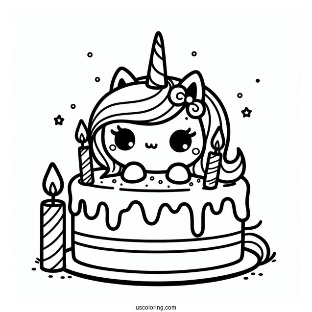 Kawaii Unicorn Cake With Candles Coloring In